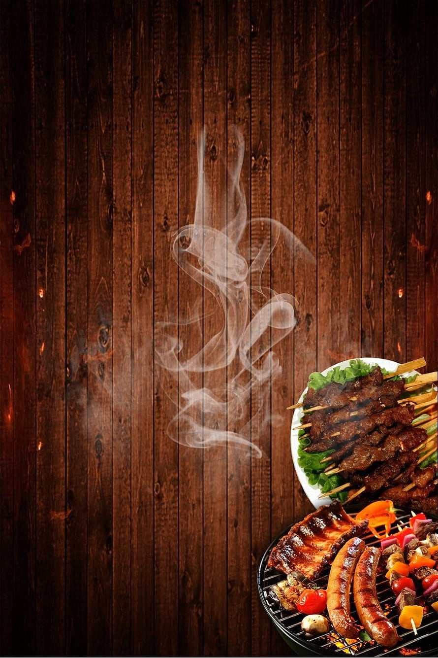 Smoky Grilled Meat Skewers and Sausages on a Rustic Dark Wood Background HD phone wallpaper