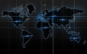 Glowing Blue Digital World Map with Grid Lines and Continent Labels on Dark Background HD wallpaper
