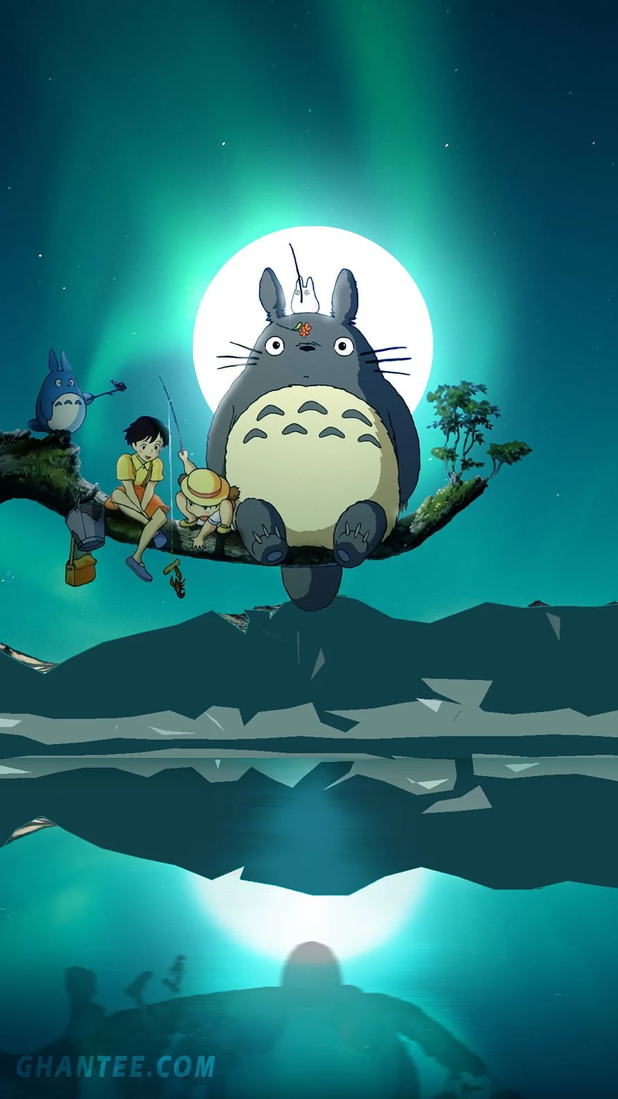 My Neighbor Totoro Characters Fishing on Branch Under Moonlight HD phone wallpaper