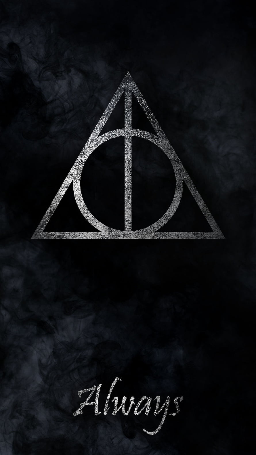 Harry Potter Deathly Hallows Symbol with Always Text on Dark Smoke Background HD phone wallpaper