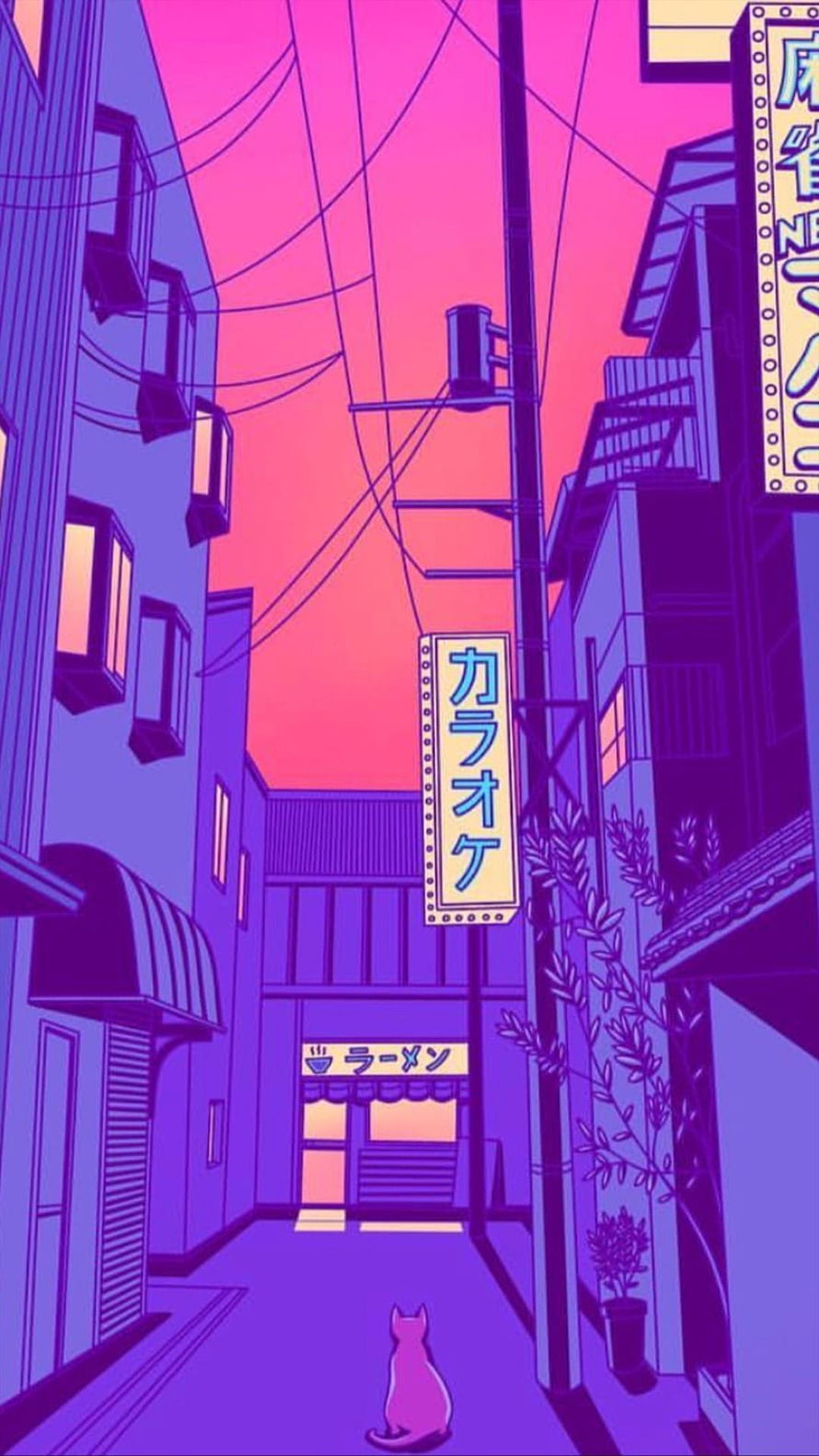 Neon Purple Japanese Alleyway with Cat and Karaoke Sign in Vaporwave Style HD phone wallpaper