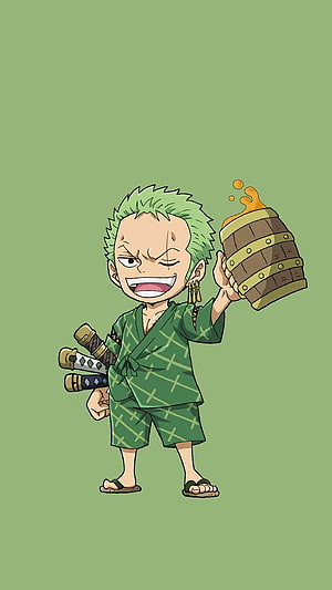 Chibi Zoro from One Piece in Green Yukata Holding Sake Barrel and Swords HD phone wallpaper