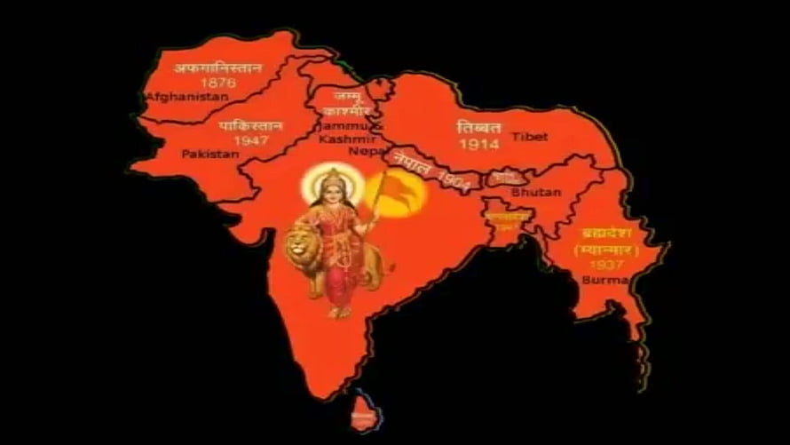 Akhand Bharat Map Featuring Durga Riding Lion on Black Background HD wallpaper