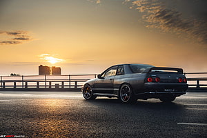 Nissan Skyline GT-R R32 Coupe Parked on Bridge at Golden Hour Sunset HD wallpaper