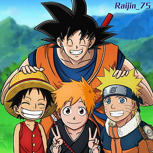 Goku, Luffy, Ichigo, and Naruto in a cheerful anime crossover group portrait HD phone wallpaper