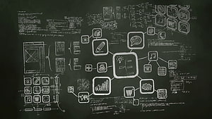 Hand-drawn UI wireframe and app icon mind map sketched in white chalk on a dark blackboard HD wallpaper