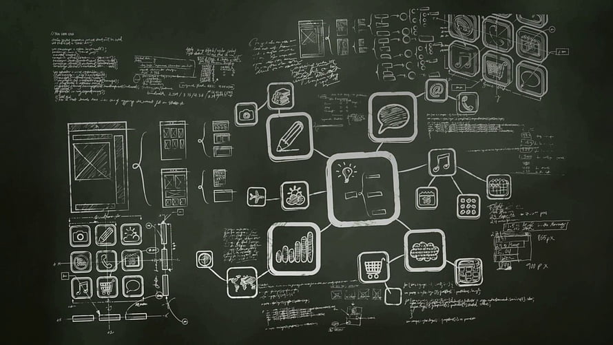 Hand-drawn UI wireframe and app icon mind map sketched in white chalk on a dark blackboard HD wallpaper