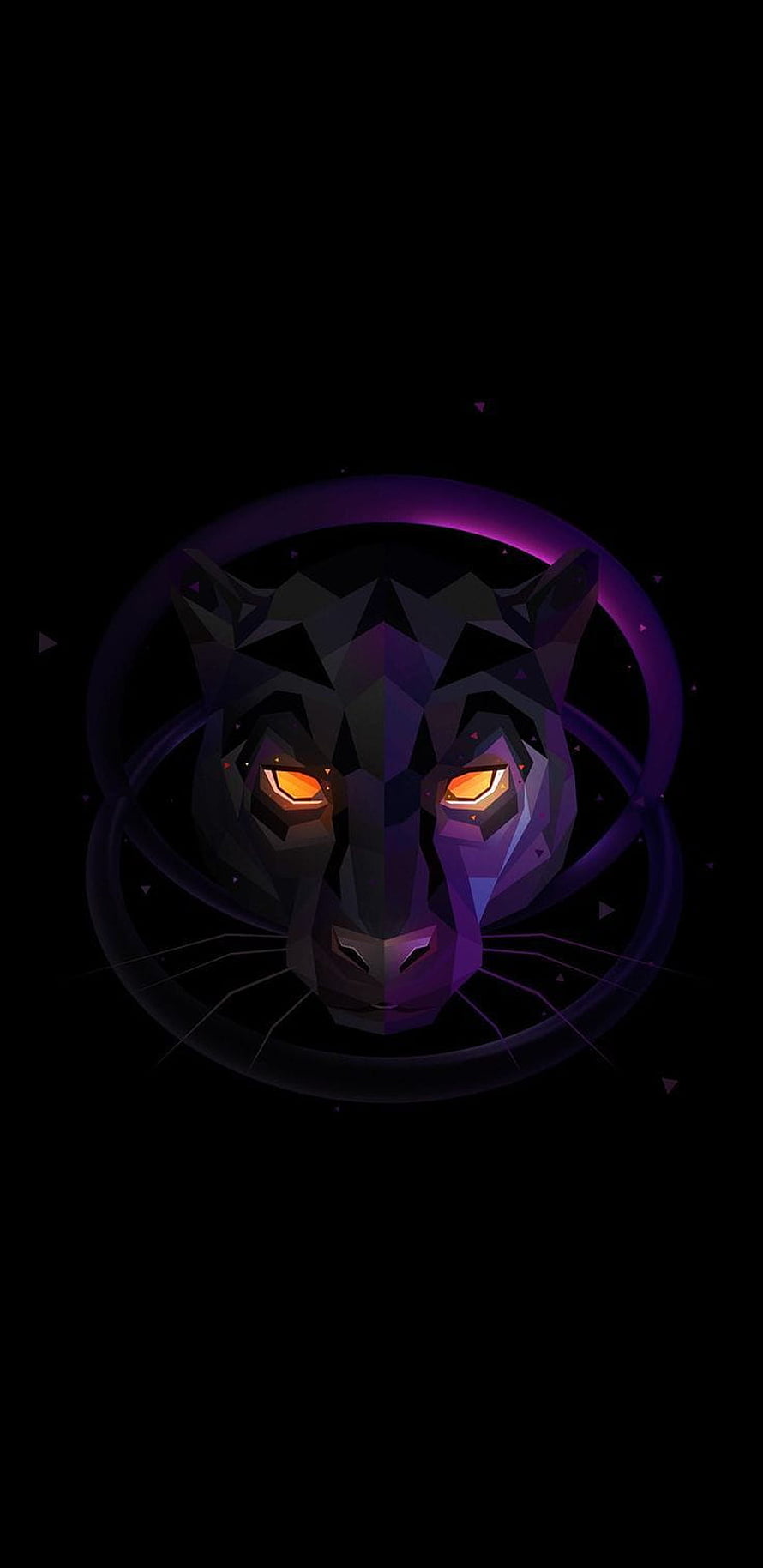 Geometric Low Poly Panther Head with Glowing Amber Eyes and Purple Neon Ring on Black Background HD phone wallpaper