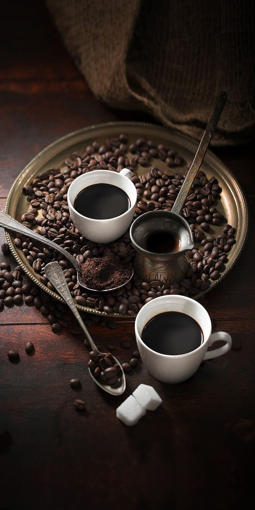 Rustic Coffee Still Life with Beans, Cups, and Traditional Pot on Dark Wood HD phone wallpaper