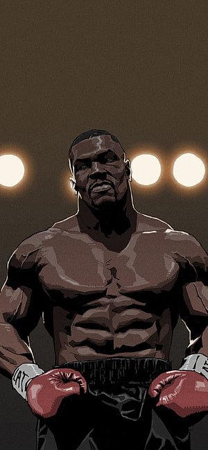 Muscular Black Boxer in Red Gloves Under Ring Lights Comic Illustration HD phone wallpaper
