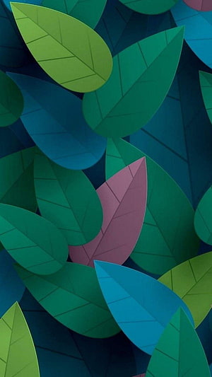 Vibrant 3D Paper Cutout Leaves in Green, Blue, and Pink Tones HD phone wallpaper