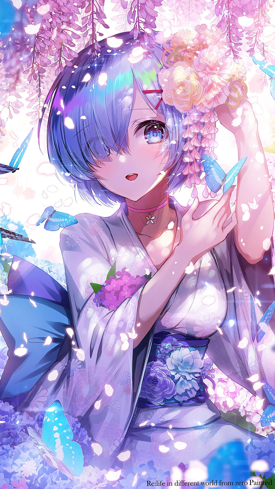 Re:Zero Anime Girl in Floral Kimono with Wisteria and Blue Butterflies HD phone wallpaper