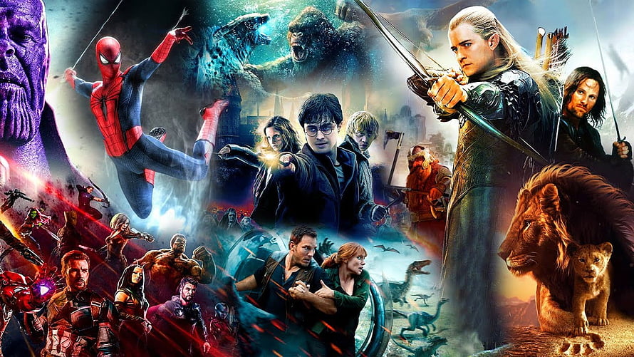 Hollywood Movie Collage Featuring Spider-Man, Harry Potter, Lord of the Rings, Jurassic World, and Avengers HD wallpaper