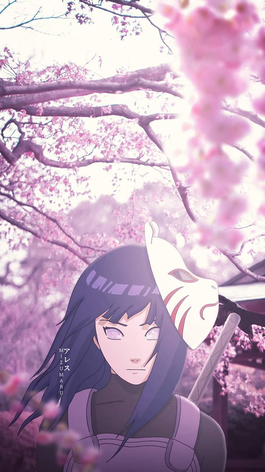 Hinata Hyuga Anime Character Under Pink Cherry Blossom Trees With White Mask HD phone wallpaper
