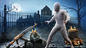 Halloween Zombie Shooter Game Wallpaper with Mummy Character and Spooky Graveyard Background HD wallpaper