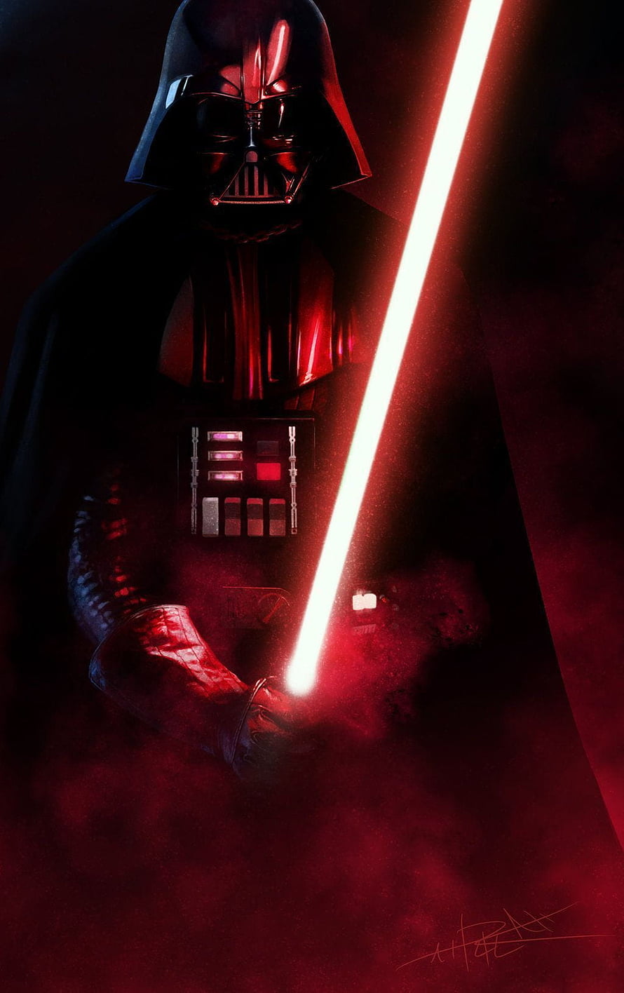 Darth Vader Holding Red Lightsaber in Dark Cinematic Illustration HD phone wallpaper