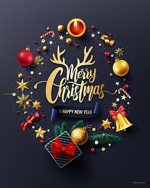 Merry Christmas and Happy New Year 3D Festive Wreath with Gold Ornaments and Gift Box HD phone wallpaper