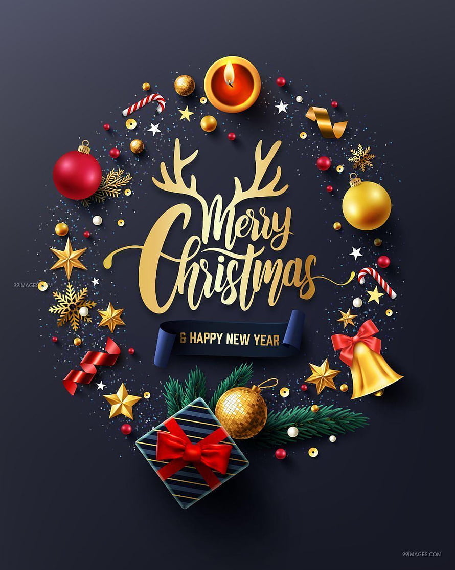 Merry Christmas and Happy New Year 3D Festive Wreath with Gold Ornaments and Gift Box HD phone wallpaper