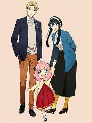 Spy x Family anime trio of Loid, Yor, and Anya standing together in a cheerful family portrait HD phone wallpaper