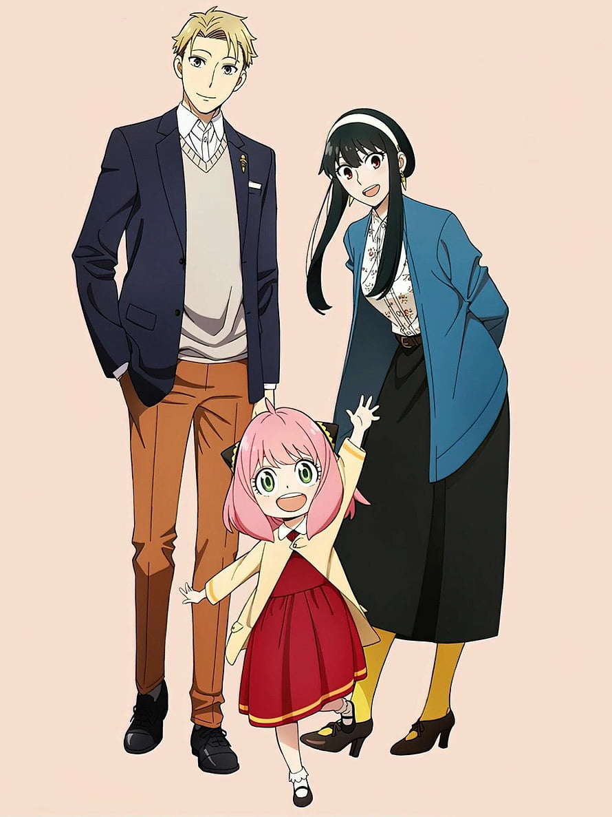 Spy x Family anime trio of Loid, Yor, and Anya standing together in a cheerful family portrait HD phone wallpaper