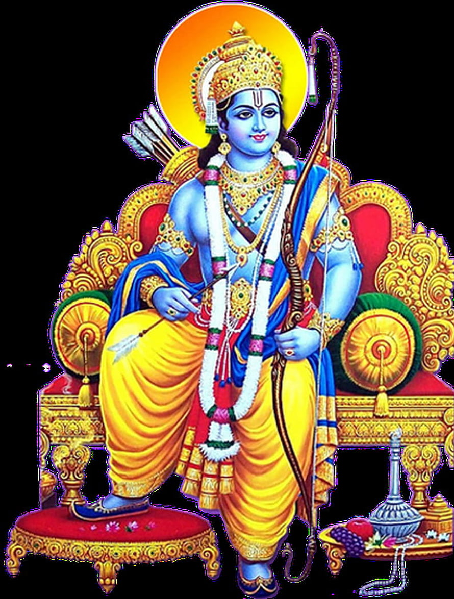 Lord Rama Seated on Ornate Throne with Bow and Arrows in Traditional Indian Art HD phone wallpaper