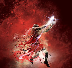 Michael Jordan Chicago Bulls Slam Dunk Digital Art with Fiery Red Smoke Effects HD wallpaper