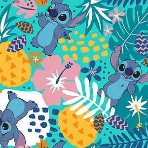 Lilo and Stitch Tropical Pattern with Hibiscus Flowers and Pineapples HD phone wallpaper