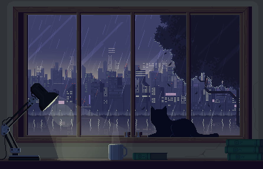 Pixel Art Cat Watching Rainy City Night From Window With Lamp And Books HD wallpaper