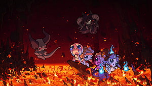 The Binding of Isaac Repentance Chibi Characters in Fiery Inferno Scene HD wallpaper