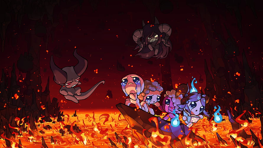 The Binding of Isaac Repentance Chibi Characters in Fiery Inferno Scene HD wallpaper