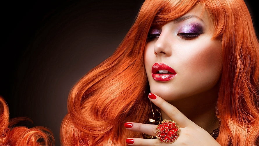 Glamorous Portrait of a Woman with Vibrant Red Hair and Bold Purple Eye Makeup, Beauty Salon, beauty parlour HD wallpaper