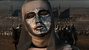 Kingdom of Heaven Knight in Ornate Silver Mask and Chainmail Before Crusader Army HD wallpaper