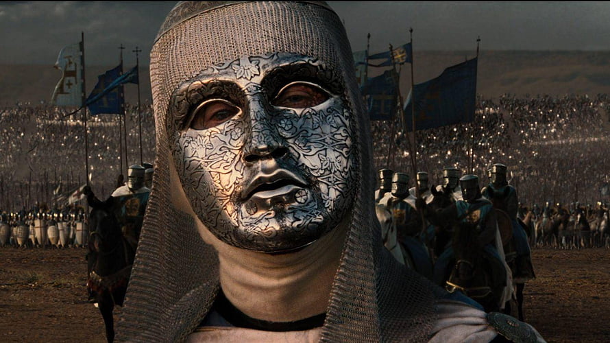 Kingdom of Heaven Knight in Ornate Silver Mask and Chainmail Before Crusader Army HD wallpaper