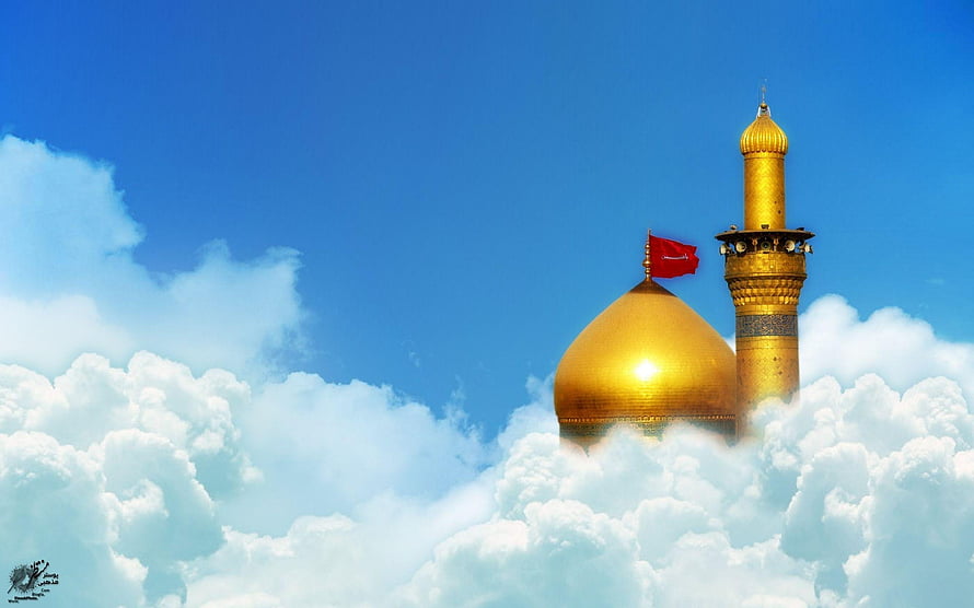 Golden Dome and Minaret of Karbala Rising Above Clouds with Iraqi Flag HD wallpaper