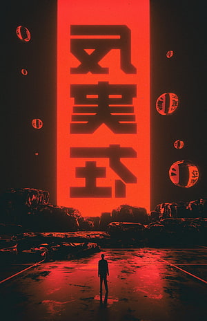 Cyberpunk Red Phone Poster with Giant Kanji and Floating Spheres HD phone wallpaper