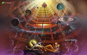 Lord Vishnu Reclining on Sheshnag with Cosmic Universe and Planets Above HD wallpaper