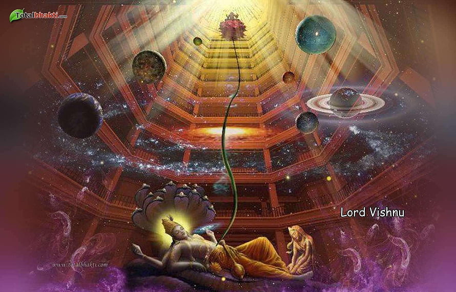 Lord Vishnu Reclining on Sheshnag with Cosmic Universe and Planets Above HD wallpaper