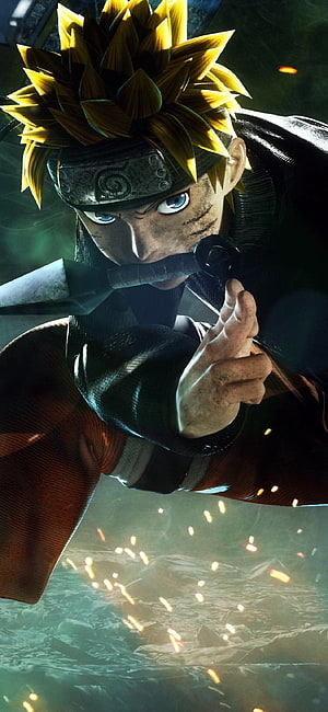 Naruto Uzumaki wielding a sword in a dynamic battle pose with sparks flying HD phone wallpaper