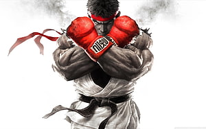Ryu from Street Fighter in a defensive boxing stance with red gloves and a white gi HD wallpaper