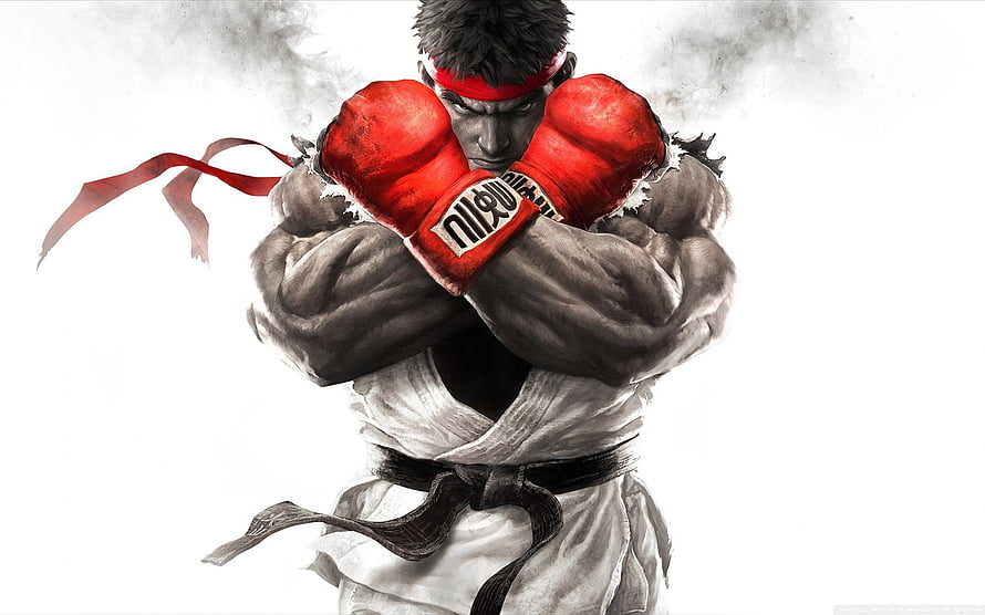 Ryu from Street Fighter in a defensive boxing stance with red gloves and a white gi HD wallpaper
