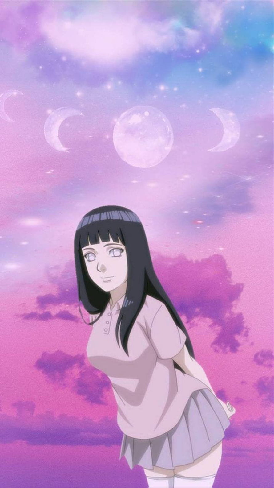 Hinata Hyuga Anime Character in Pink Outfit Against Dreamy Purple Moonlit Sky HD phone wallpaper