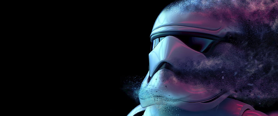 First Order Stormtrooper Helmet Dissolving Into Purple and Blue Cosmic Dust HD wallpaper
