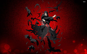 Itachi Uchiha from Naruto wielding crows against a dark red textured background HD wallpaper