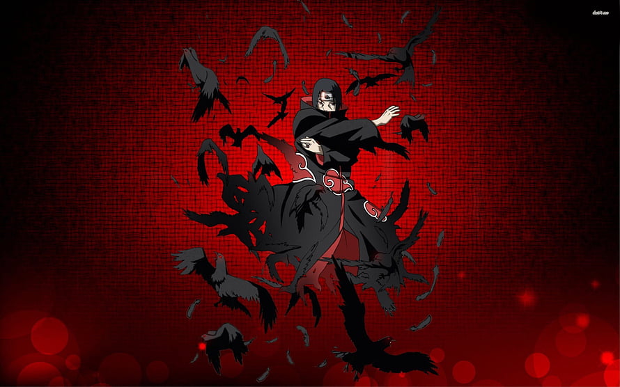 Itachi Uchiha from Naruto wielding crows against a dark red textured background HD wallpaper