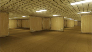 The Backrooms Liminal Space Interior with Fluorescent Lighting and Yellow Carpet HD wallpaper