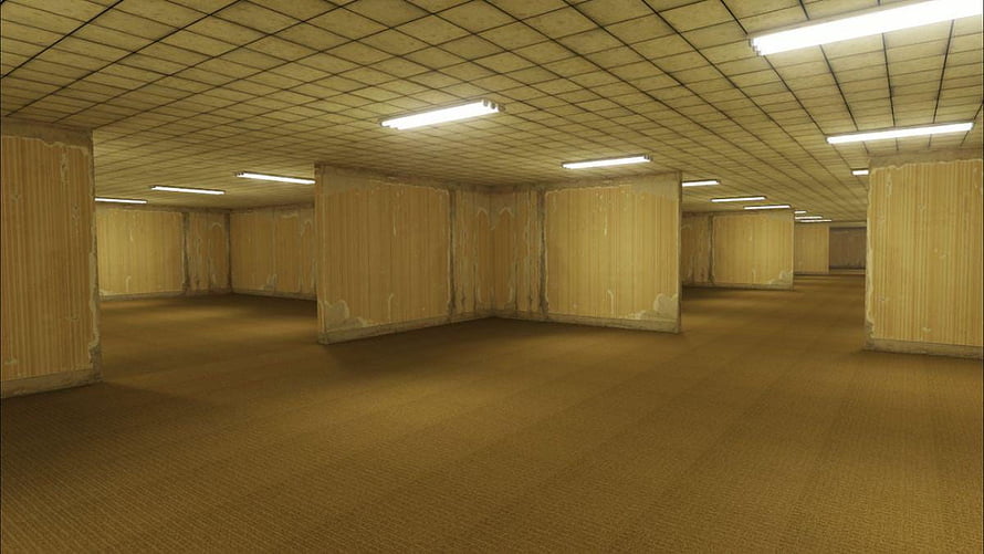 The Backrooms Liminal Space Interior with Fluorescent Lighting and Yellow Carpet HD wallpaper