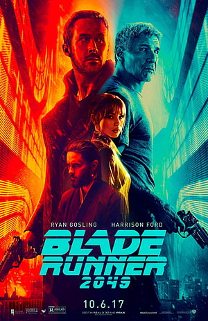 Blade Runner 2049 Movie Poster Featuring Ryan Gosling and Harrison Ford in Neon Cyberpunk Cityscape HD phone wallpaper