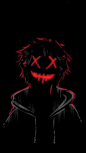Creepy Anime Character With Glowing Red X Eyes And Stitched Mouth On Black Background HD phone wallpaper