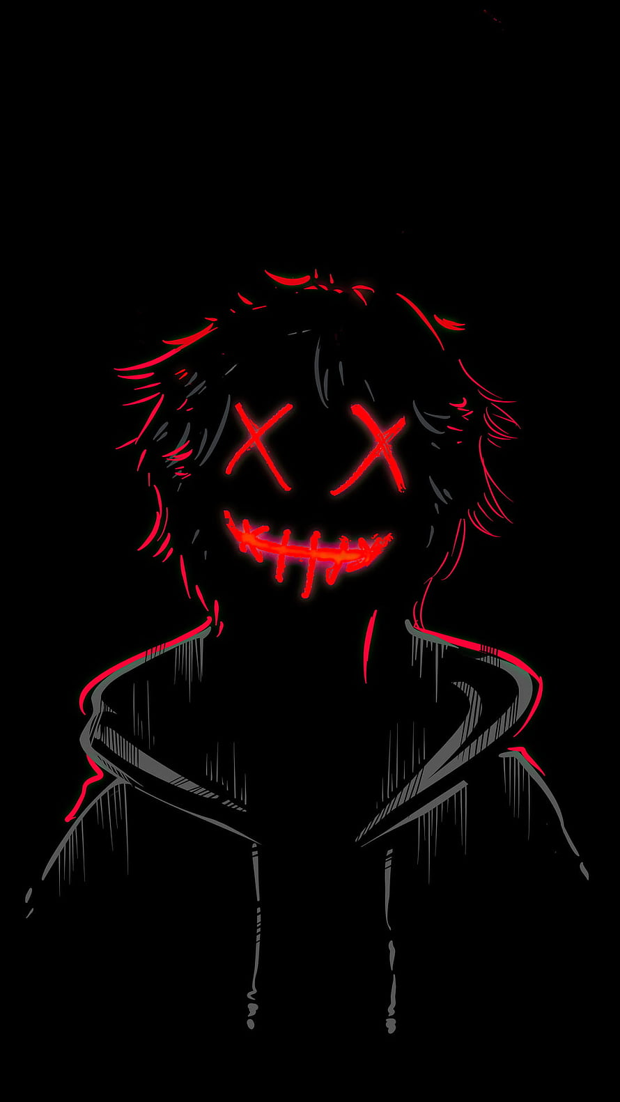 Creepy Anime Character With Glowing Red X Eyes And Stitched Mouth On Black Background HD phone wallpaper