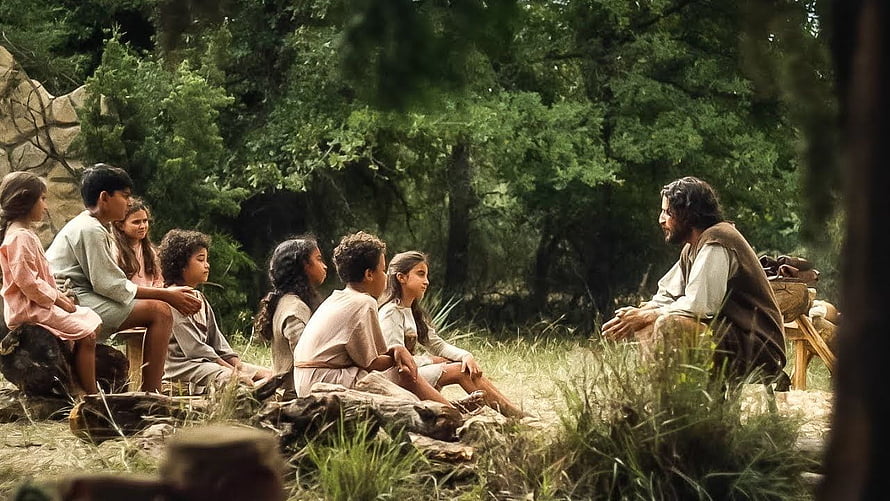 Jesus Christ Teaching a Group of Children in a Lush Forest Setting HD wallpaper